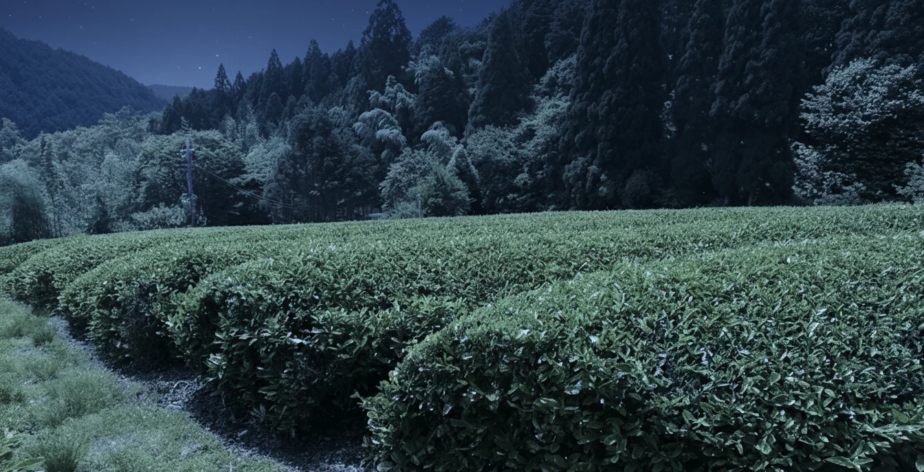 Gyokuro tea fields under starry night sky in Ujitawara