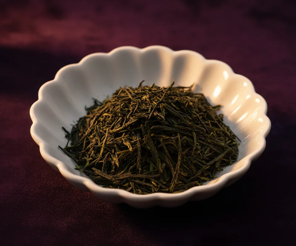 Gyokuro tea leaves in white ceramic bowl with purple background