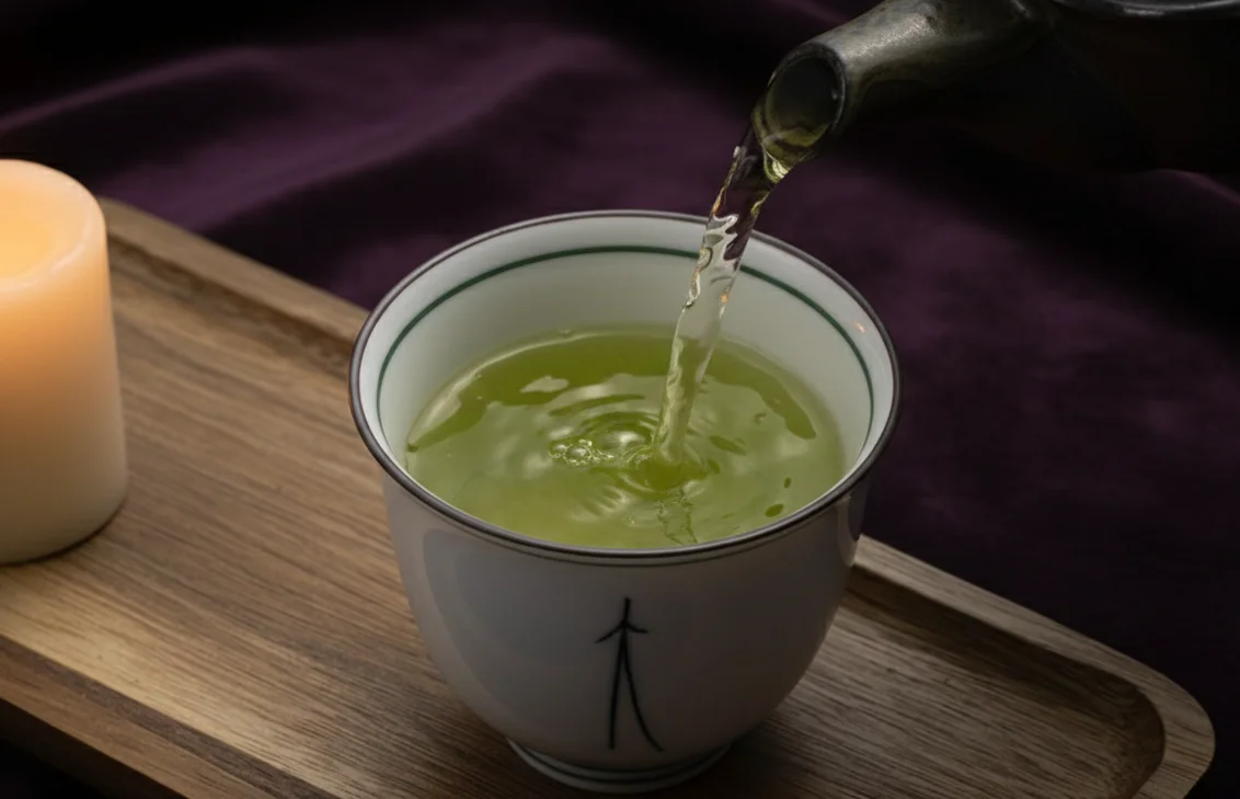 Gyokuro tea being poured into cup with purple background